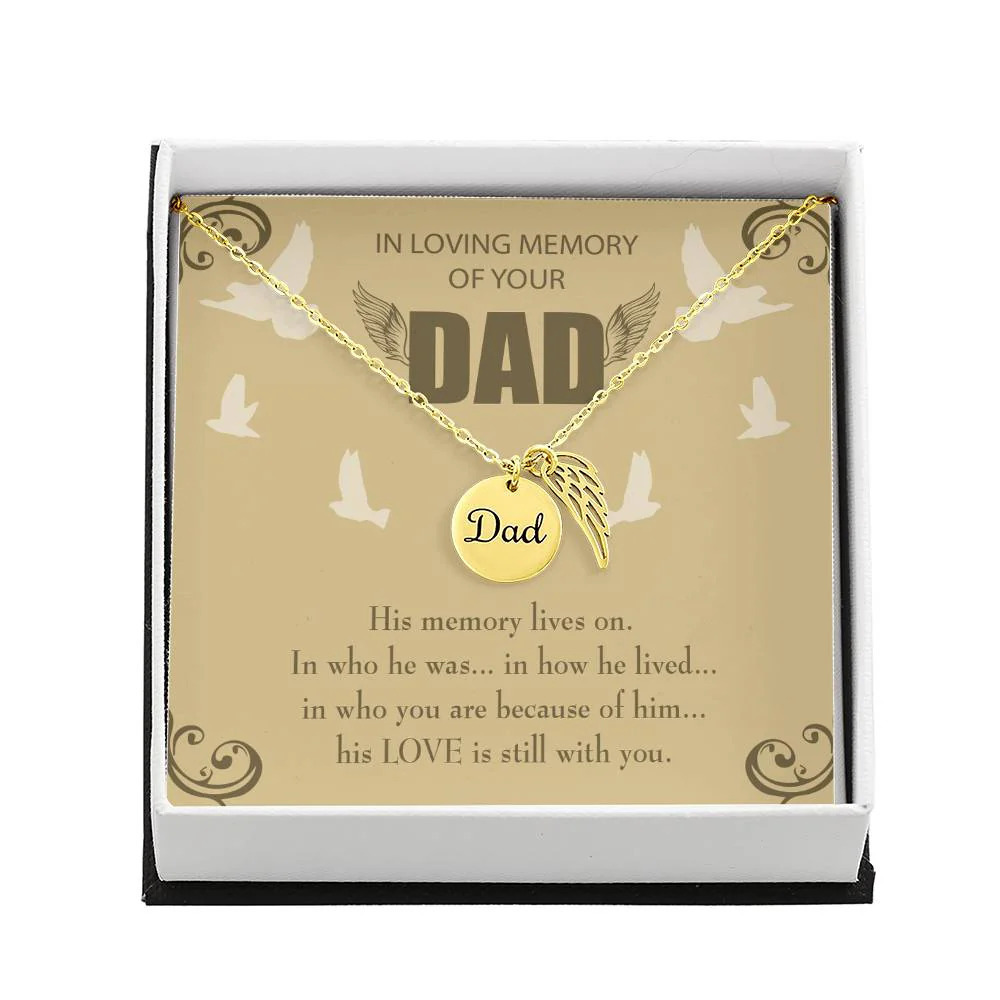 His Memory Lives On Dad Angel Wing Necklace Gold Finish Luxury Box